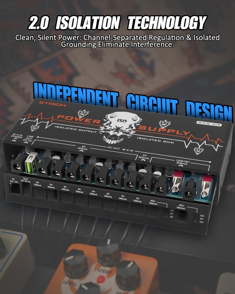 STRICH SPS-60 Guitar Pedal Power Supply, 10 Totally Independent DC Outputs Pedal Board Power Supply for 9V/12V/18V (300mA/500mA) High Power for Power High-current Effect Pedal - Image 2